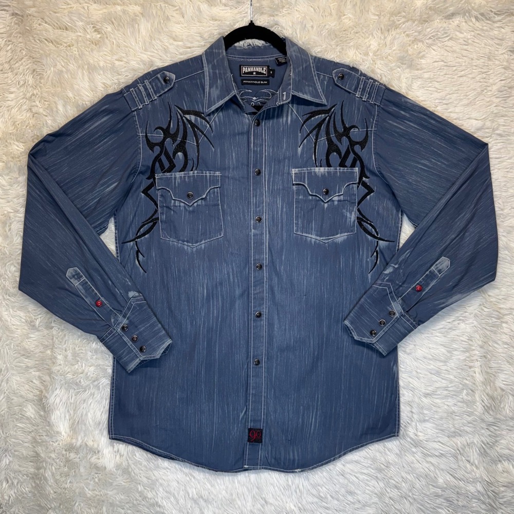 Panhandle Slim 90‎ Proof Mens Blue Tribal Embroidered Western Snap Shirt Medium